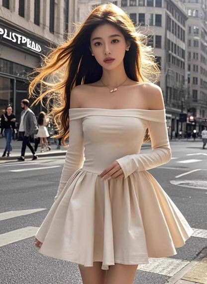 Gentle style one-shoulder long-sleeved dress 2025 temperament waist A-line puffy skirt R1299