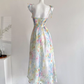 Beautiful suspender dress French holiday style blurred floral long skirt R2041