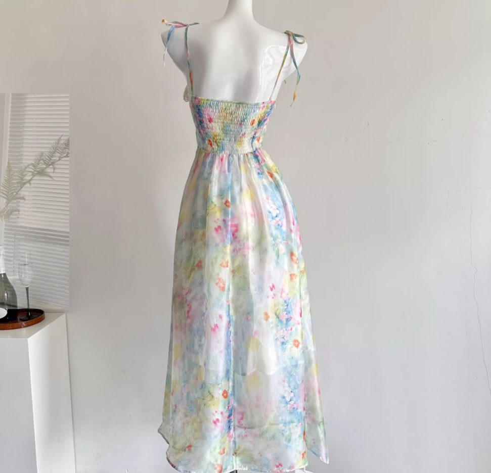 Beautiful suspender dress French holiday style blurred floral long skirt R2041