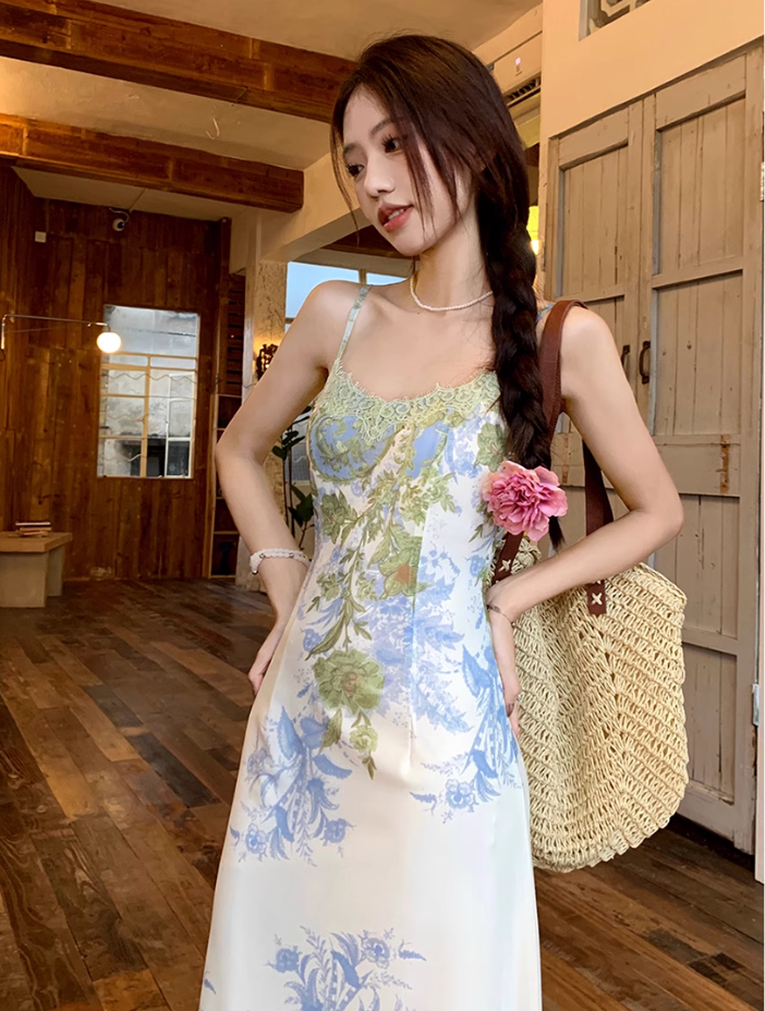 Fairy New Chinese Retro Jacquard Suspender Skirt Flower Long Skirt Tea Break Dress R1759