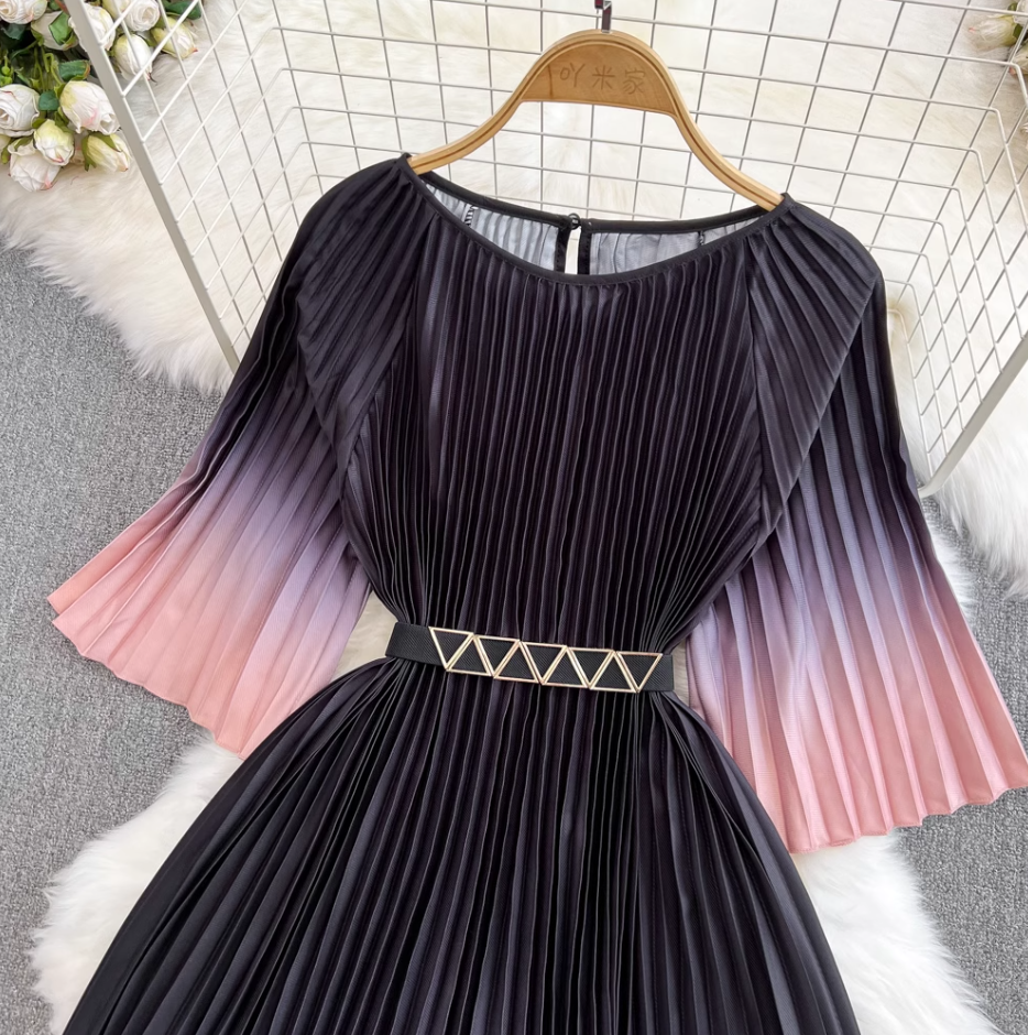 Light mature style celebrity temperament waist slimming A-line large swing printed pleated dress R0307