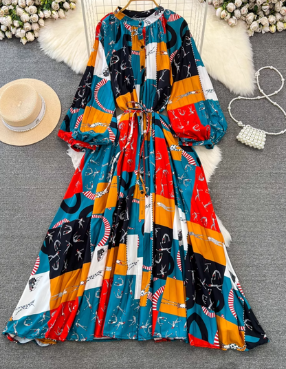 Fashion lantern long sleeve round neck waist a-line print irregular dress elegant long skirt R0404