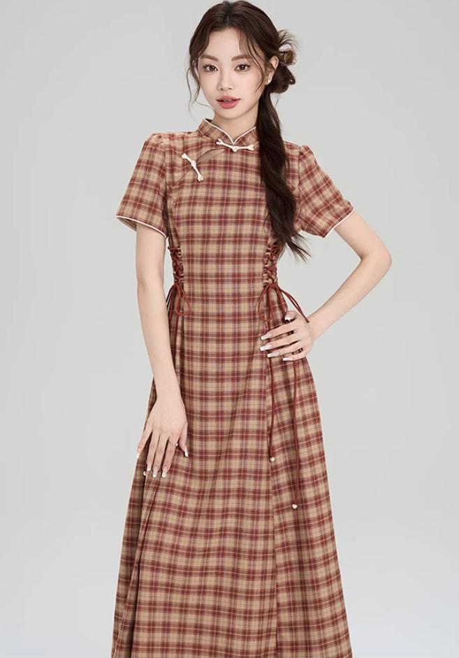 New Chinese style cheongsam dress new slim retro plaid long skirt R2407