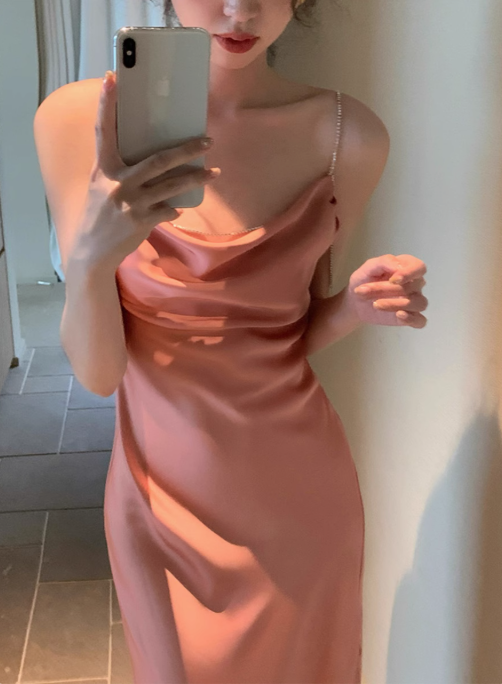 French silky satin sling dress sexy backless slit holiday beach dress R1521