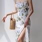 French retro leaf floral suspender skirt slim waist side slit dress long skirt R2820