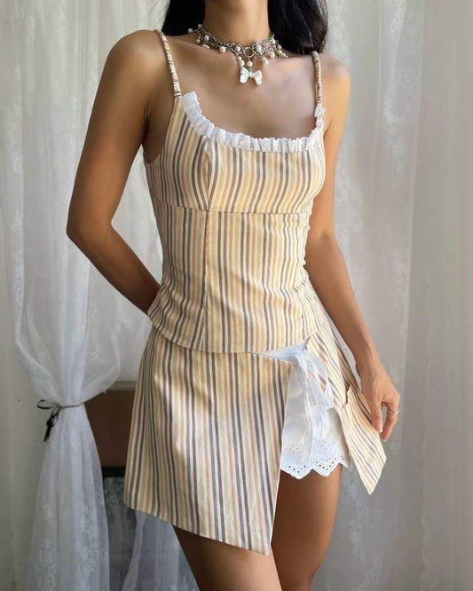 Yellow striped suspenders slim waist slimming sexy short skirt homecoming dress R3983