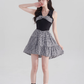 Black halter neck skirt new summer plaid waist high-end dress bow French retro skirt R4144
