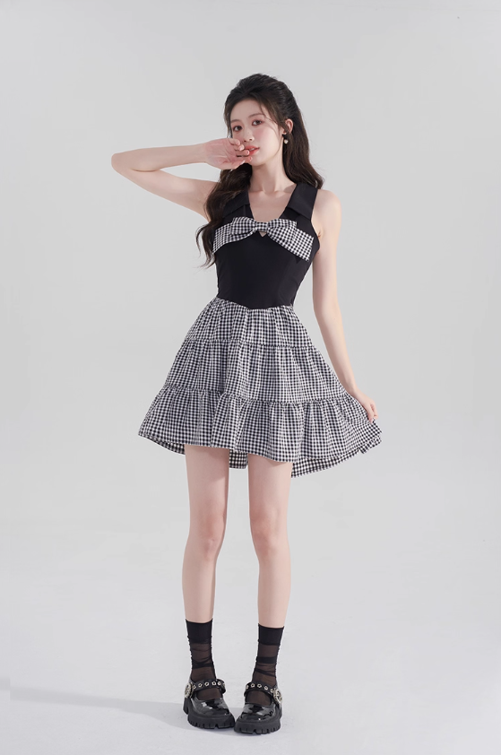 Black halter neck skirt new summer plaid waist high-end dress bow French retro skirt R4144