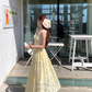 Yellow long v-neck waist hollow rose suspender dress summer French retro skirt R4872