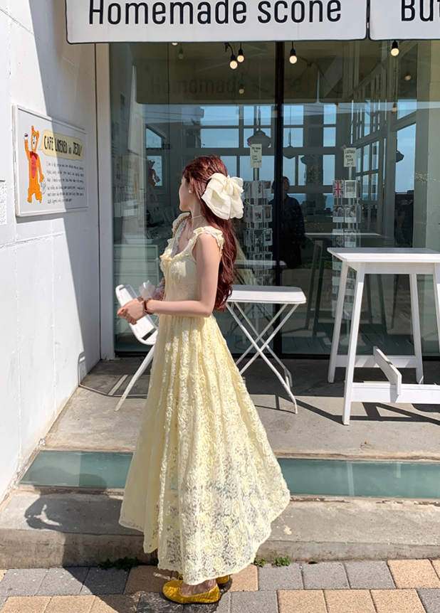 Yellow long v-neck waist hollow rose suspender dress summer French retro skirt R4872