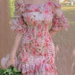 Pink floral one-shoulder waist elastic mini skirt homecoming dress R3118