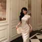 Satin cheongsam dress new style rose waist long party dress     S5657