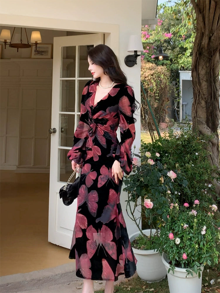 Retro velvet butterfly dress elegant V-neck long party dress    S6105