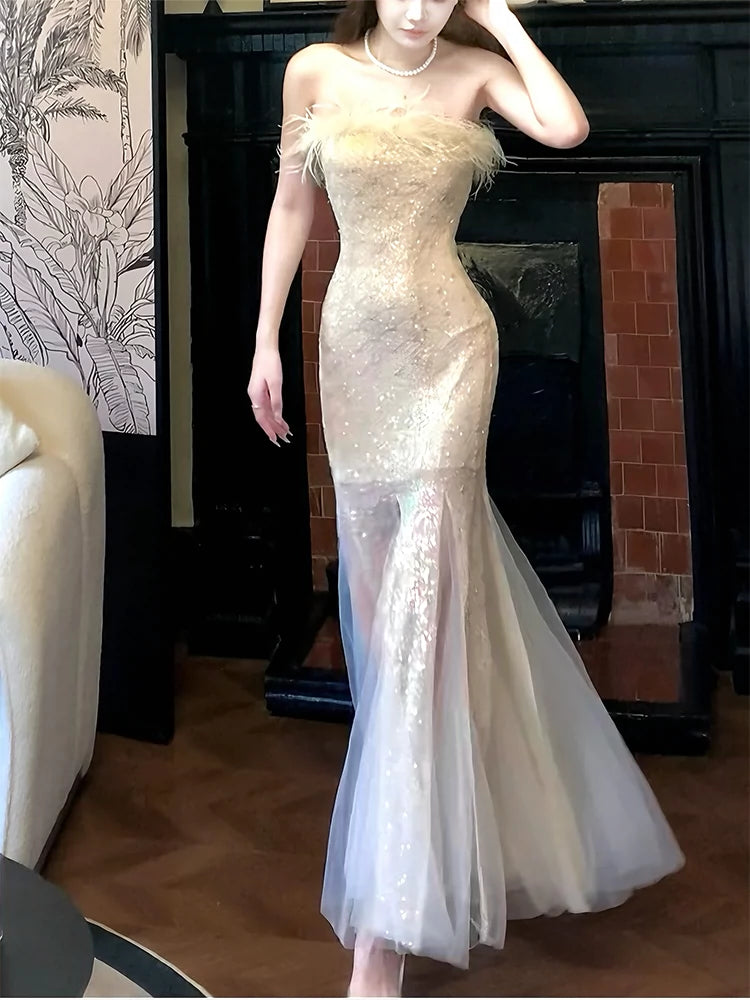 Feather strapless mermaid dress long party dress       S6033