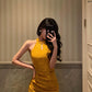 Gold jacquard long new halter neck slit cheongsam dress  S5659