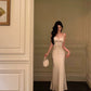 Satin suspender dress new lace splicing long party dress     S5705