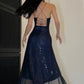 Spaghetti Straps Navy Blue Sequin Prom Dress Slit Evening Dress         S6258