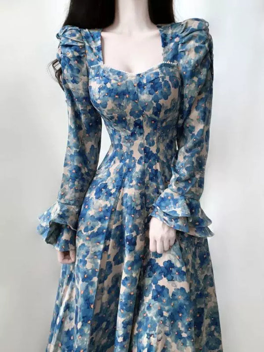 Retro floral long-sleeved dress for women new style party dress      S5875