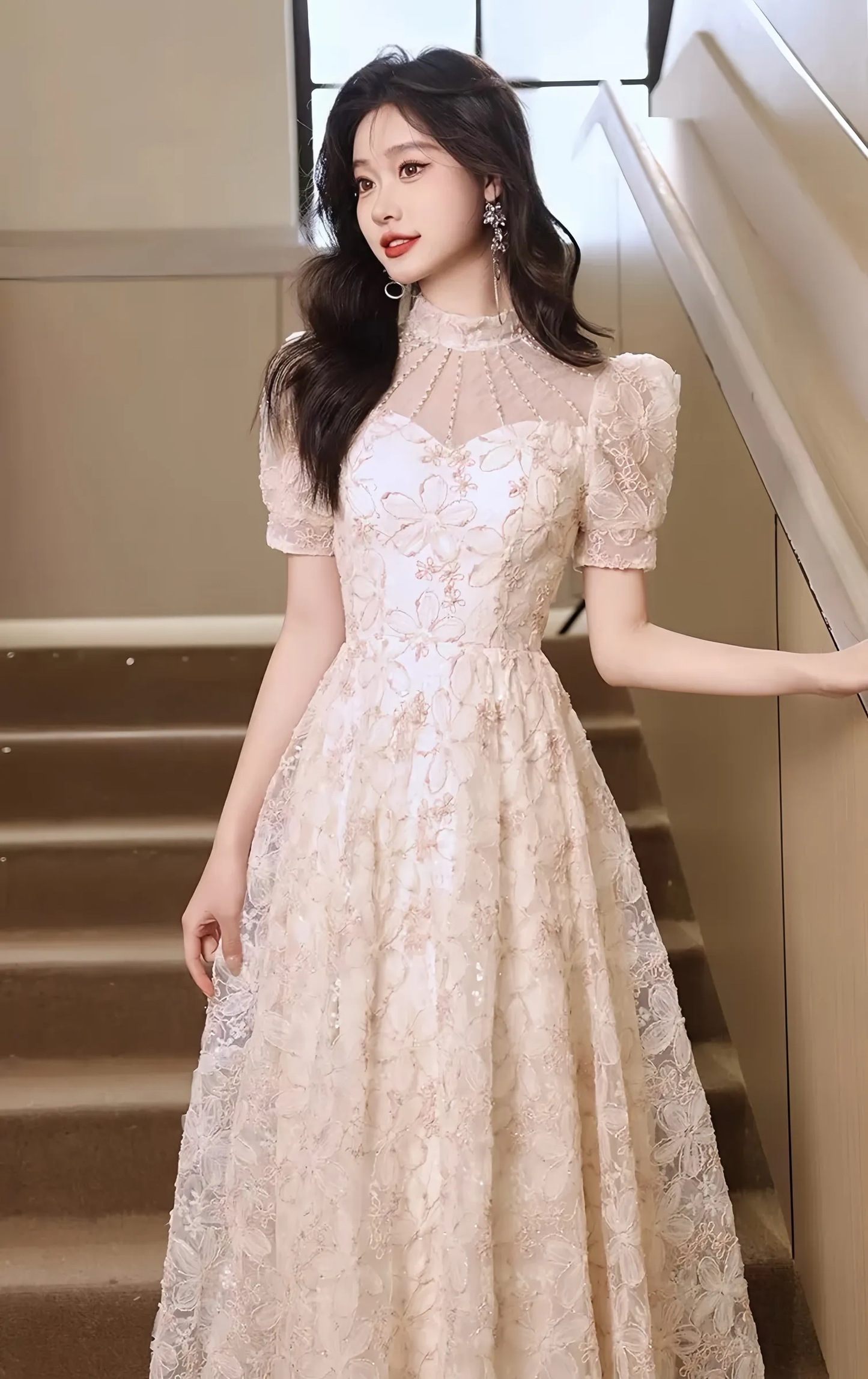 Lace Long Dress Women's Princess Sleeved Square Neck Elegant Evening Dresses      S5440