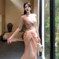 retro lace pink dress long party evening dress     S6094