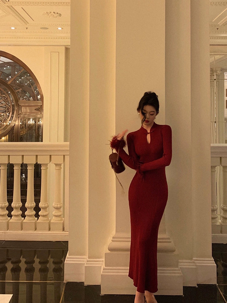 Red cheongsam style knitted dress winter new  Chinese style long party dress     S5633