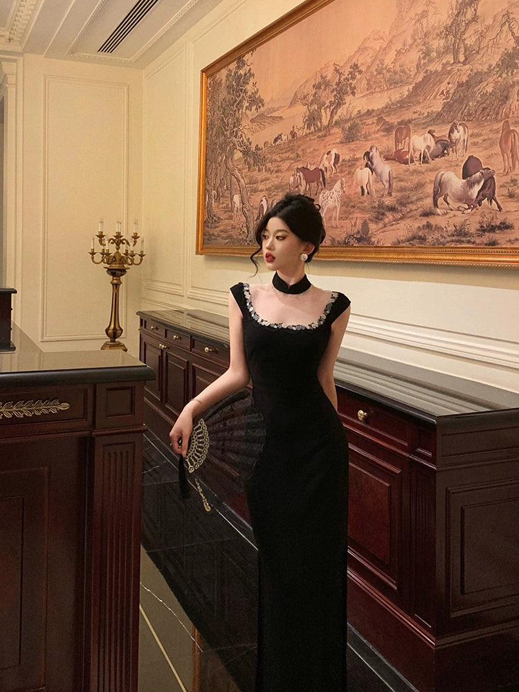 Elegant black cheongsam dress for women new style party dress     S5706