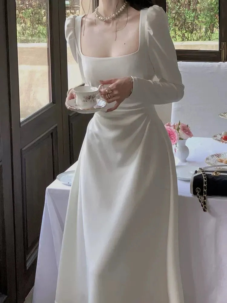 White Wedding Dress Long Sleeve Square Neck Women Elegant Evening Prom Party Dress       S5421