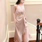 Pink Satin Pleated Long Birthday Party Dress Long Evening Gowns        S6014