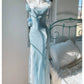 French style super fairy blue suspender dress women vintage princess long dress    S5743