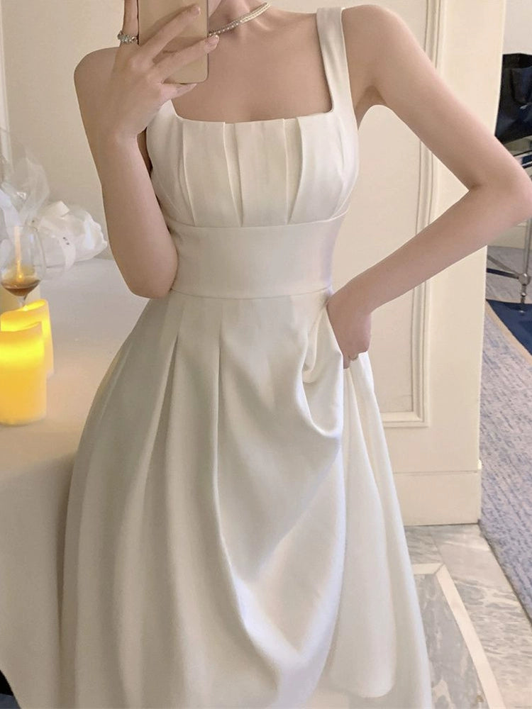 White satin a-line suspender dress for women new summer style long dress      S5812