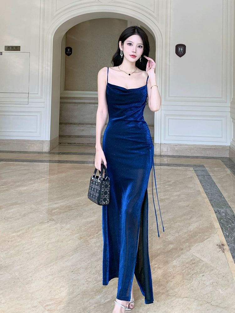 Blue shinny party dress long evening dress   S5956