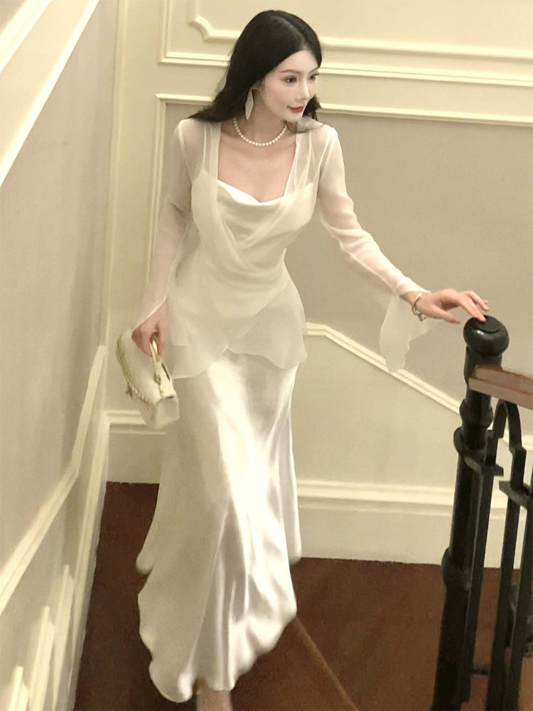 cardigan long sleeve jacket top satin long dress    S6011