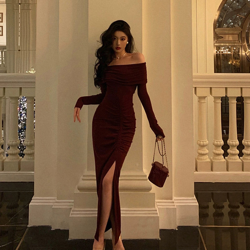 Red off-shoulder dress for women new retro style slit long mermaid dress     S5651