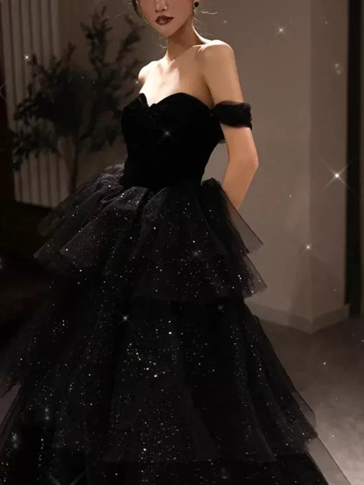 Off-Shoulder Dress, Elegant Black Evening Gown for Prom or Wedding       S6416