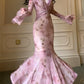 pink printed dress long sleeve mermaid Long Evening Gowns        S6015