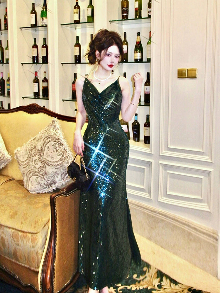 luxury sequined evening dress green new party evening dress    S6097