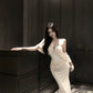 Apricot sleeveless dress for women mermaid long party dress     S5904