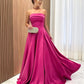 Elegant Long Fuchsia Satin Prom Dresses With Pockets A-Line Strapless Floor Length Lace Up Back Sweep Train Evening Party Gowns      S6287