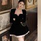 Black velvet long-sleeved dress for women banquet dress short party dress      S5878