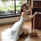 Lace V-neck dress for women irregular white beautiful mid-length party dress     S5909