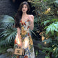 Seaside vacation floral suspender dress summer new slit long party dress      S5808