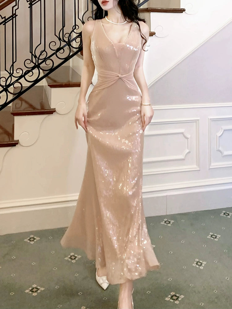 sequined dress V-neck long party dress     S6031