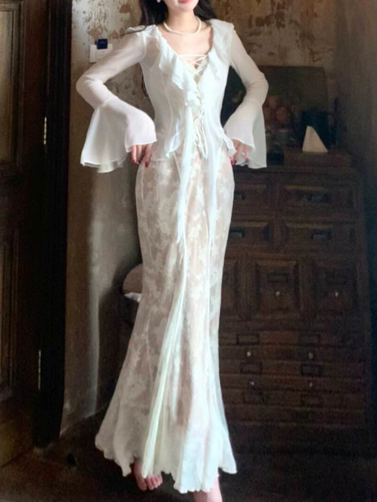 lace pleated suspender dress women's chiffon cardigan clothing suit   S6137