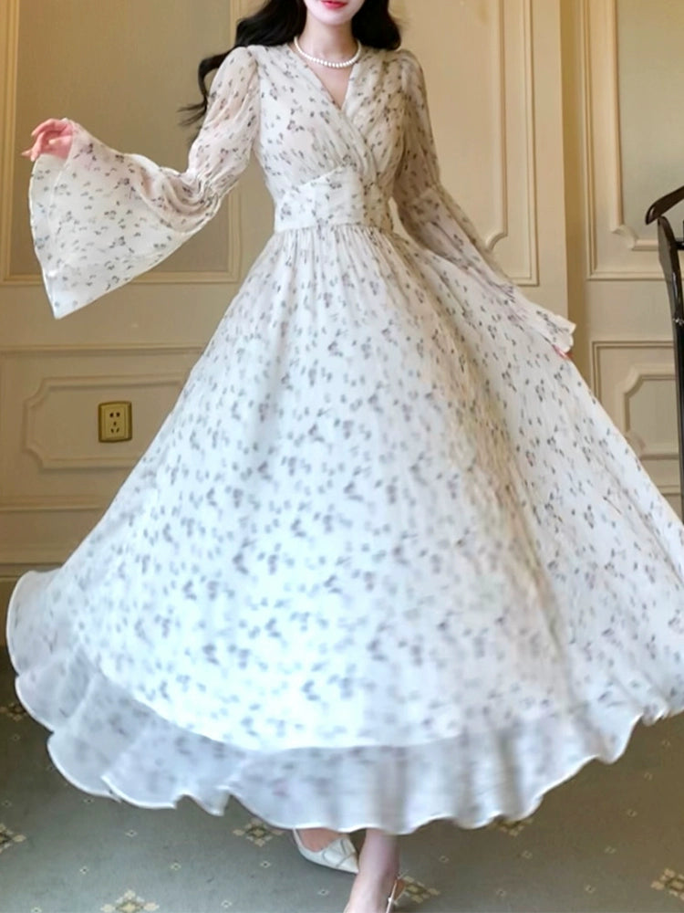 New V-neck long-sleeved chiffon floral dress      S6156