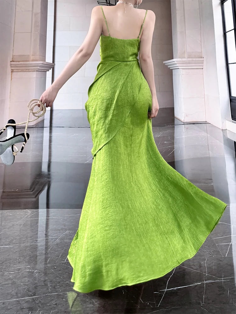 green chic suspender dress seaside holiday long dress    S6139
