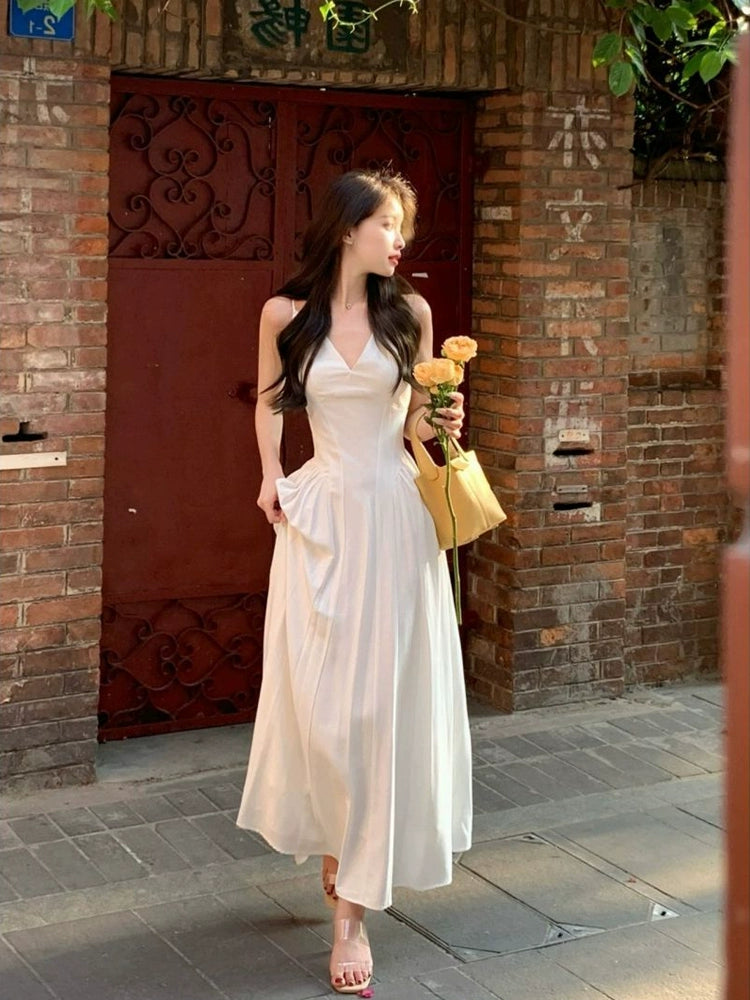 Fairy long v-neck white suspender dress     S5792