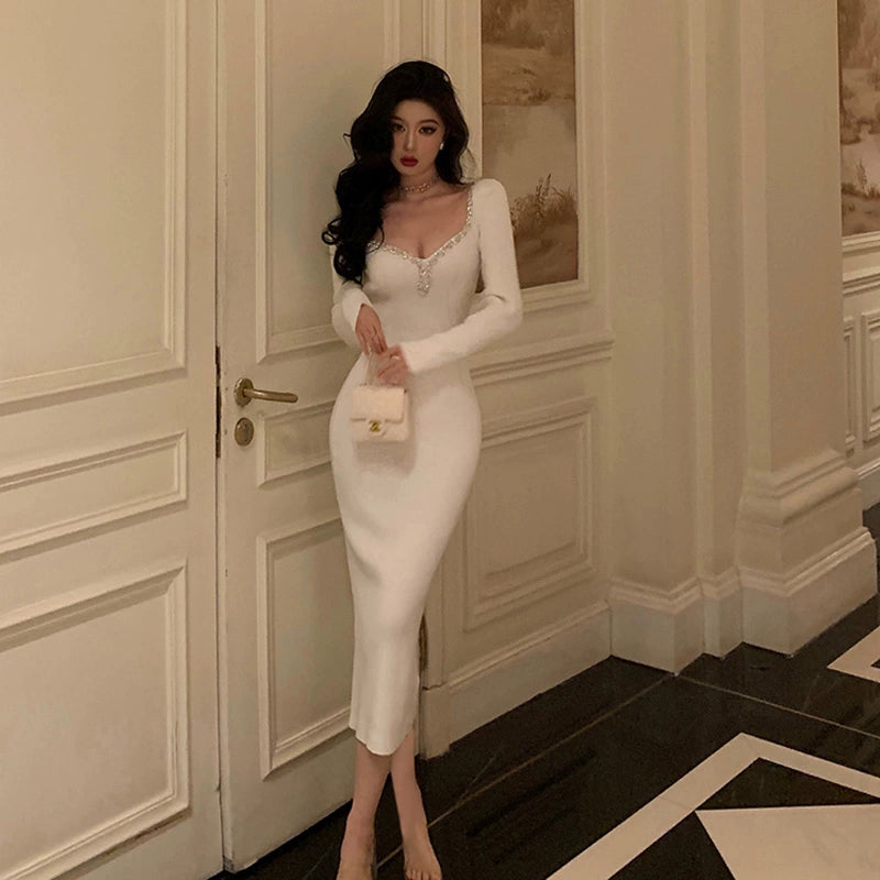 White diamond knitted dress for women long party dress     S5685