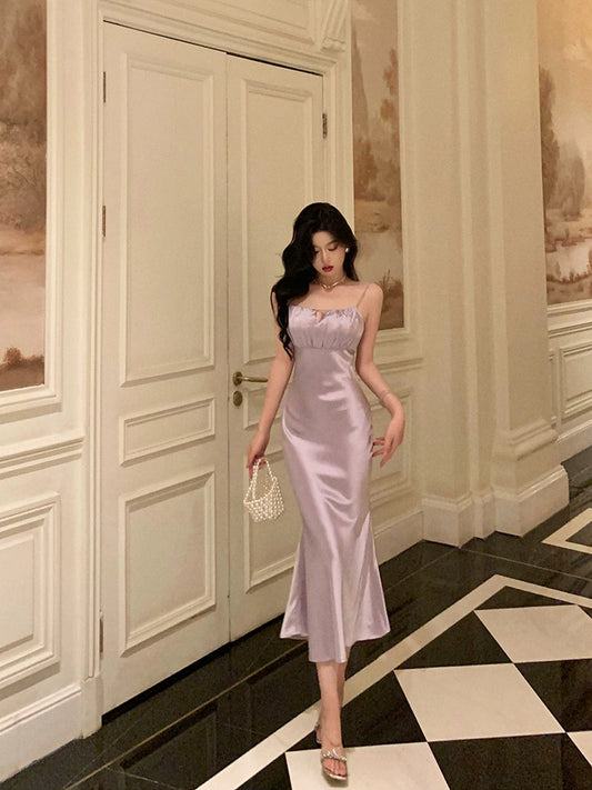 Purple satin suspender dress new mermaid party dress     S5699