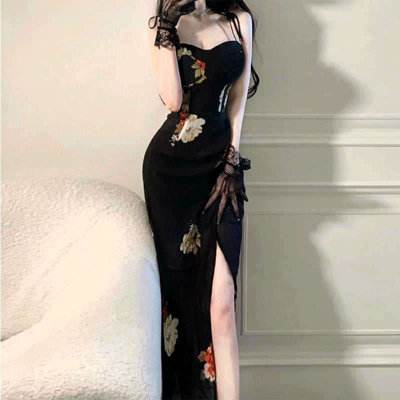 Sexy black floral suspender dress for women long party dress        S5800