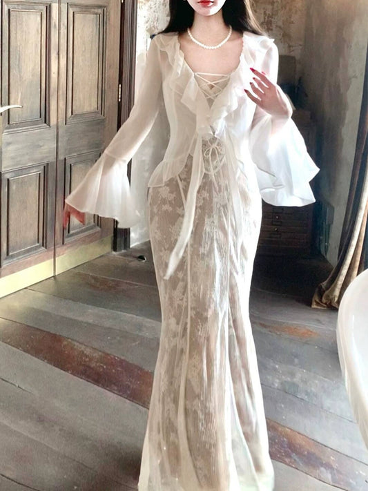 lace pleated suspender dress women's chiffon cardigan clothing suit   S6137